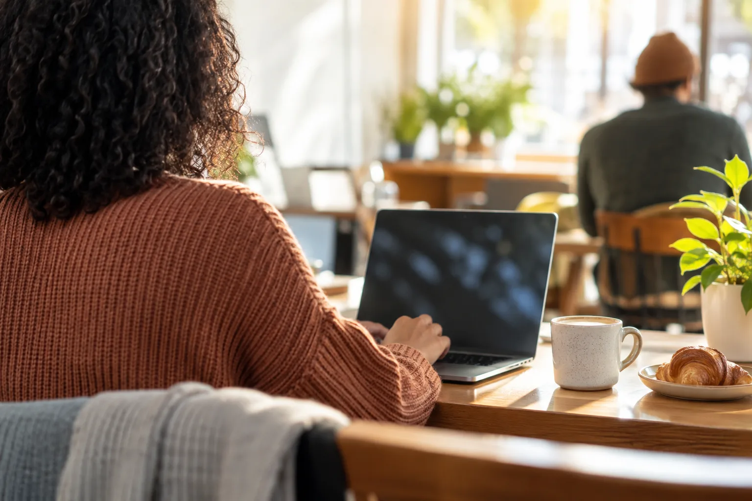A bright café with people working on laptops, chatting over coffee, and starting an early morning shift.
