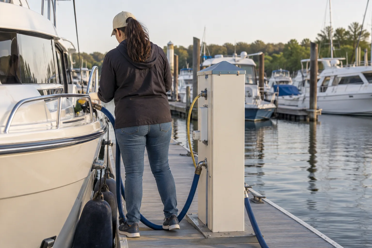 A harbor marina with docked boats, fuel pumps, transient slips, and a designated pump-out station.