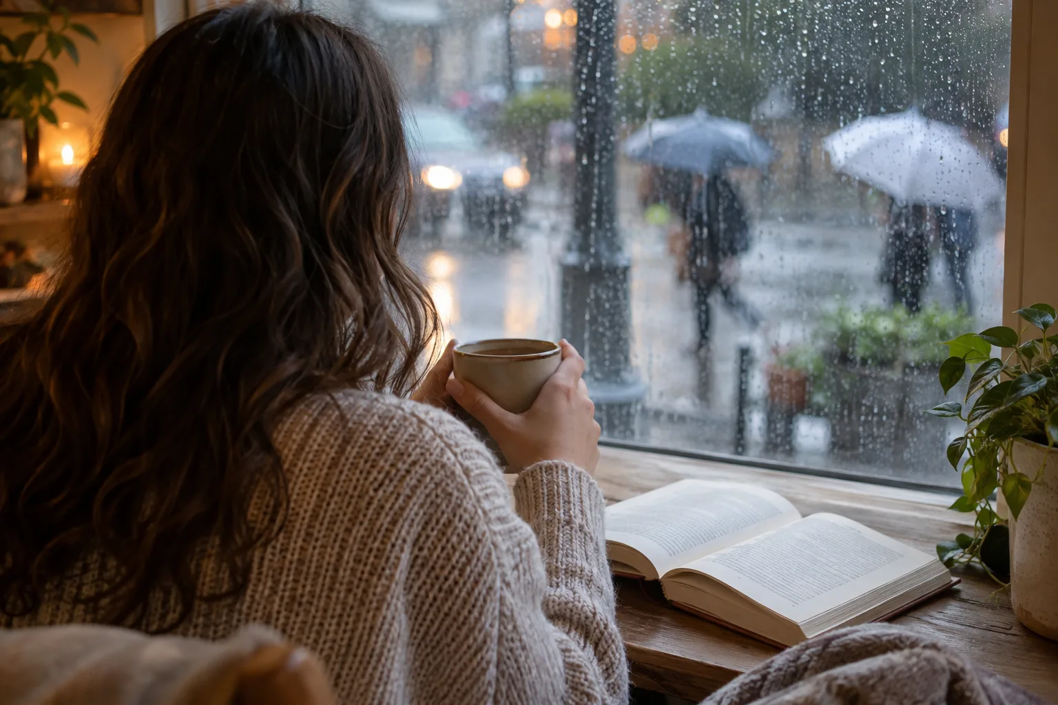 People enjoying indoor activities in Hampton on a rainy day, with umbrellas and wet streets visible outside.