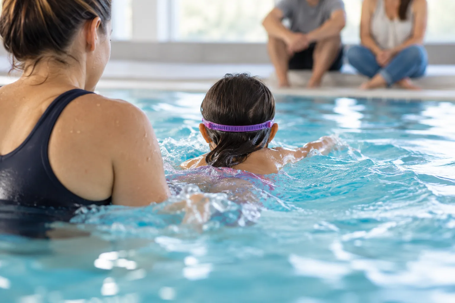 Children learning to swim with an instructor in a bright indoor pool while parents watch from the deck.