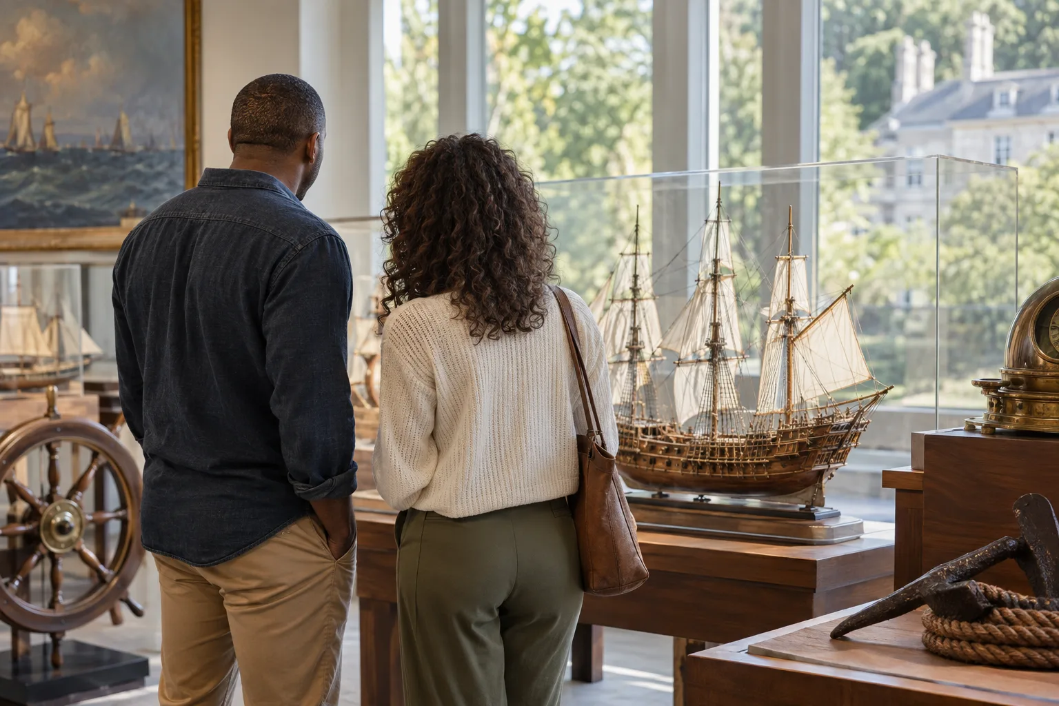 A maritime museum gallery with ship models and historic artifacts beside a grand historic mansion surrounded by trees.