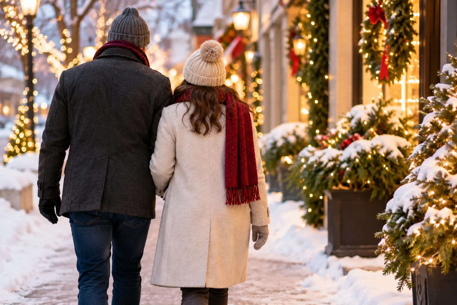 Pedestrians stroll through a charming downtown lined with glowing holiday lights, wreaths, decorated trees, and fresh snow.