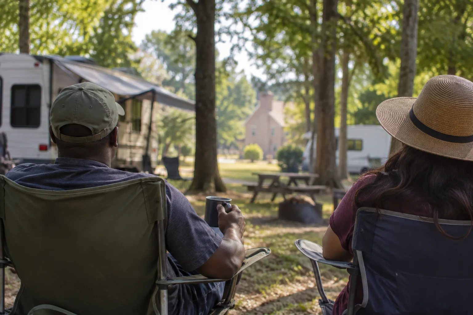Campers and RVs sit beneath trees near preserved colonial-era buildings in Virginia.