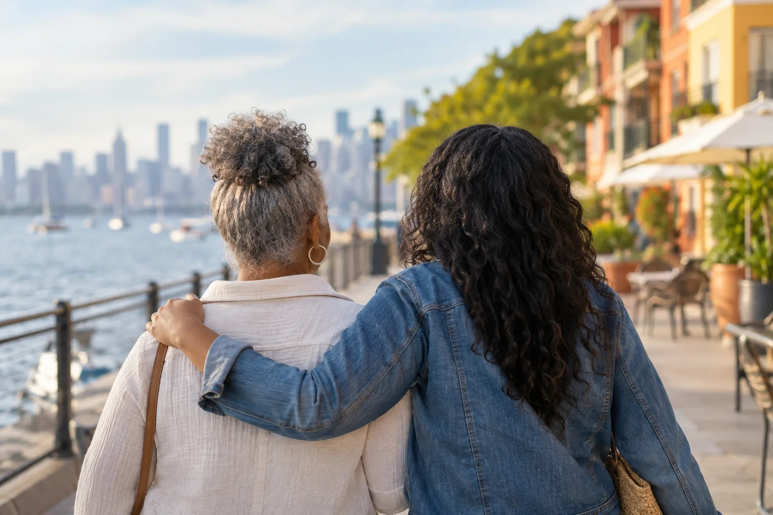 Relatives stroll along a lively waterfront with skyline views, outdoor seating, and colorful neighborhood buildings.