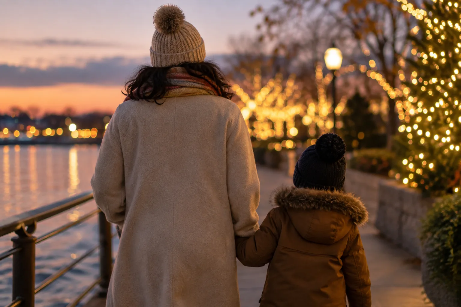 A waterfront holiday evening with glowing trees, festive lights, and families walking along a riverside promenade.