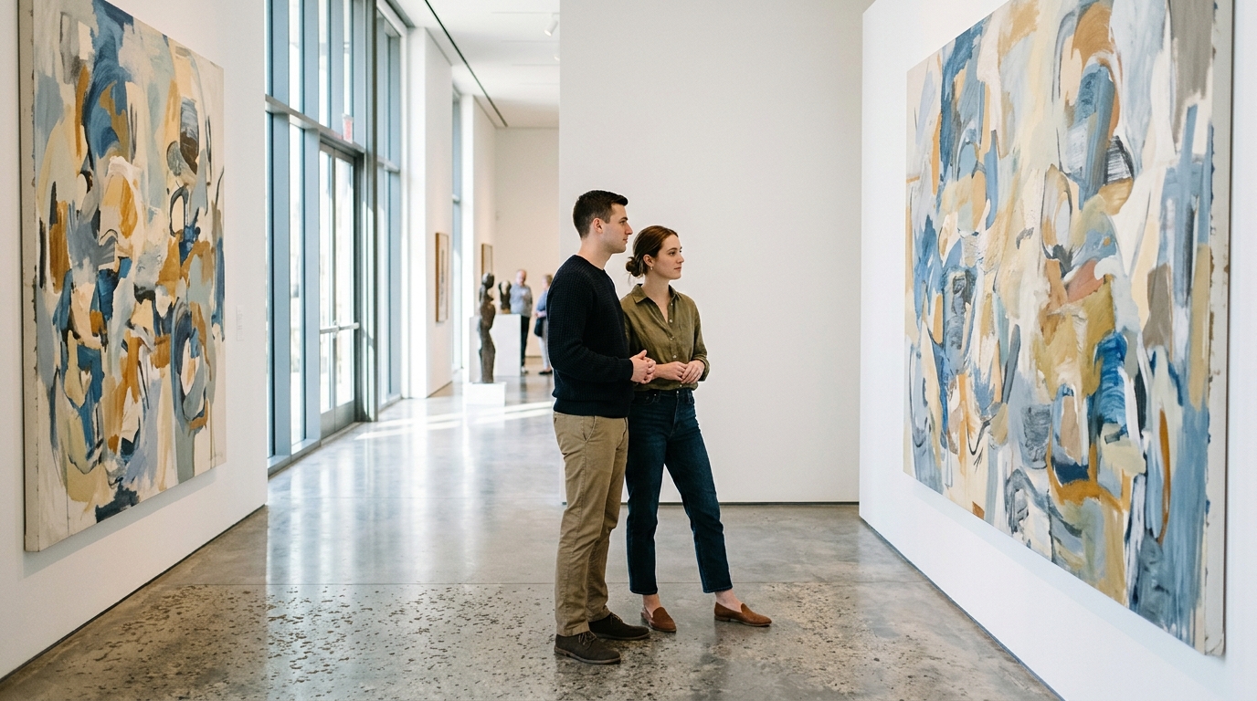 A couple viewing large abstract paintings in a bright, modern art gallery.