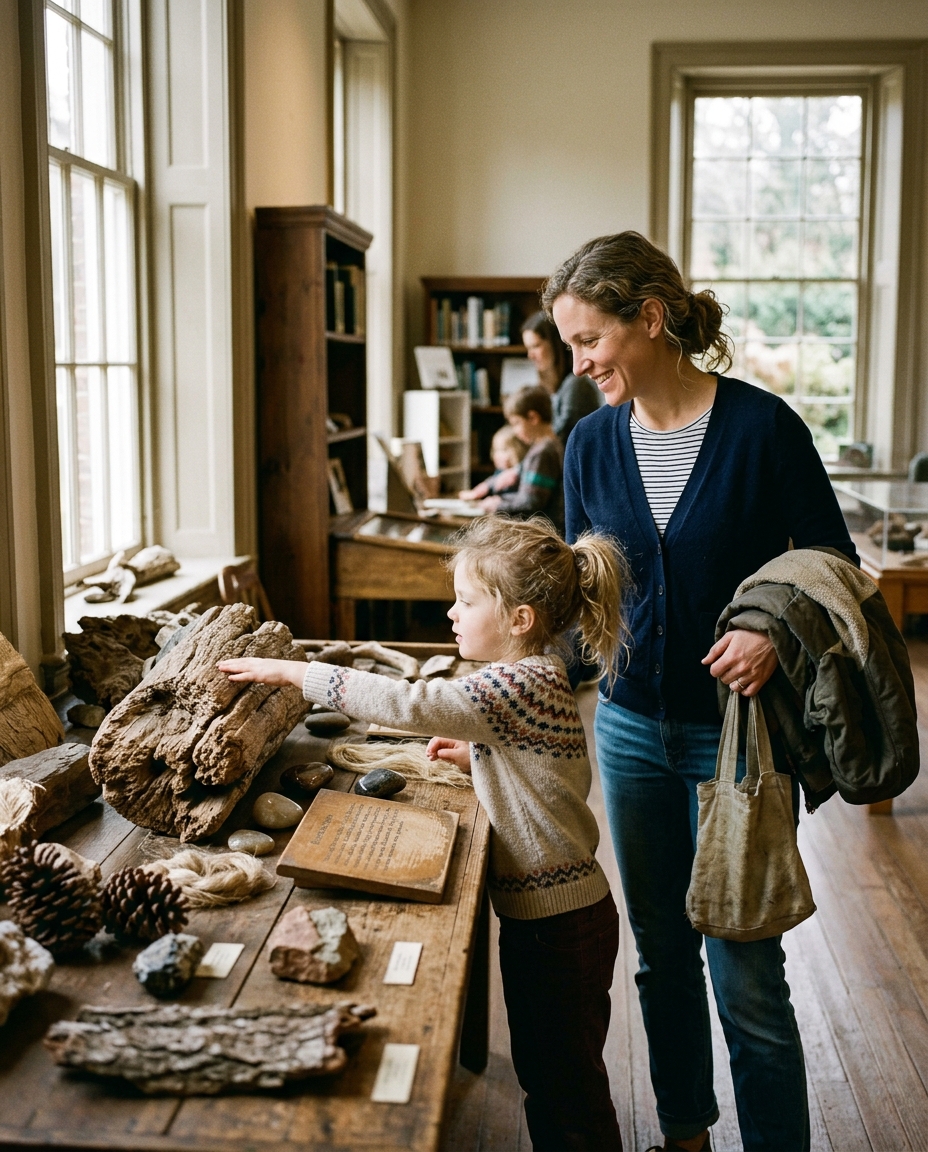 A child reaching toward a hands-on nature exhibit while a parent watches.