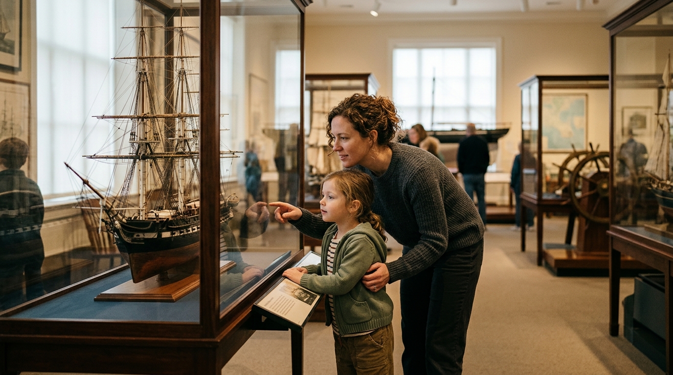 A parent and child looking at model ships in a maritime museum gallery.