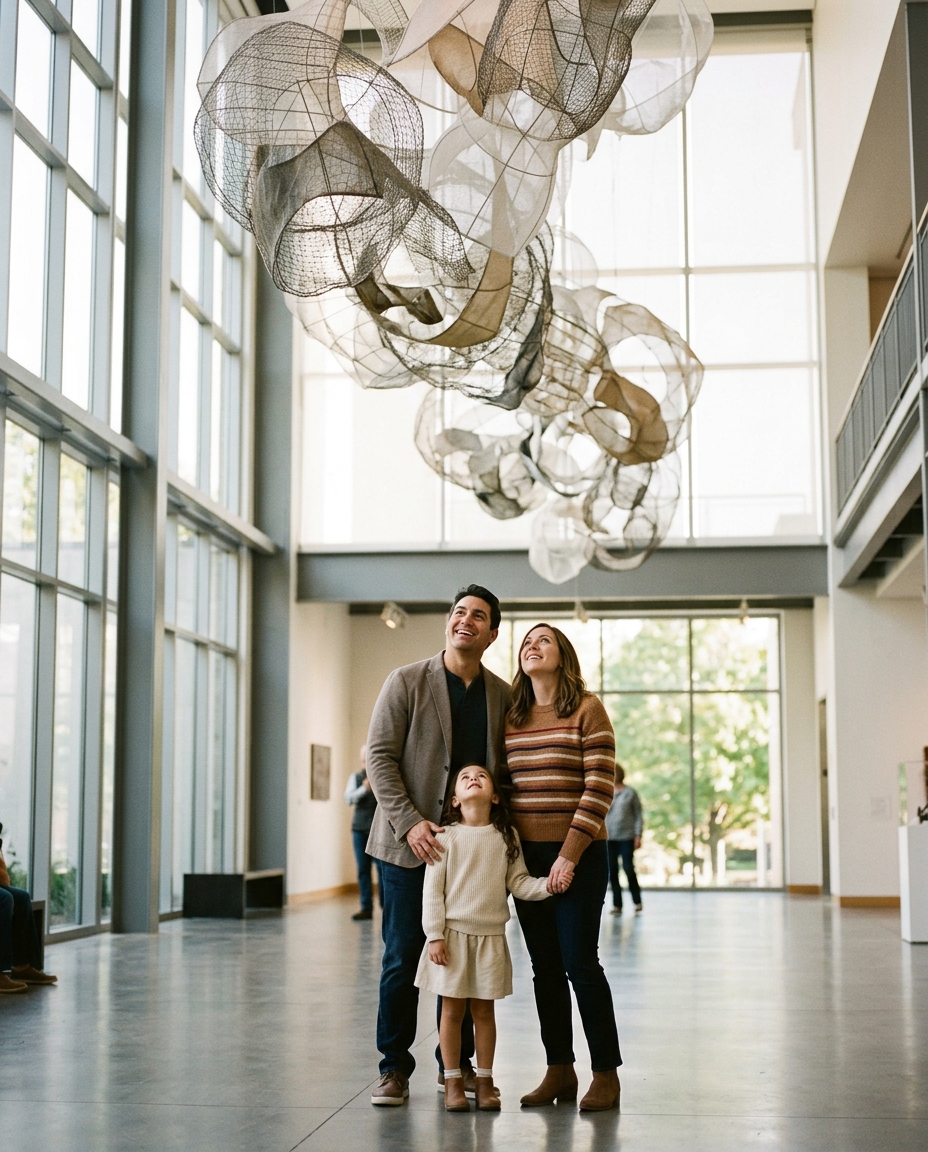 A family looking up at a large hanging exhibit in a bright museum atrium.