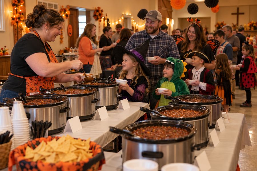 A line of families in costumes at a table of slow cookers full of chili.