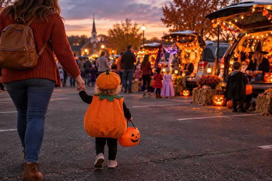 A toddler in a pumpkin costume holding a parent's hand at a trunk-or-treat.