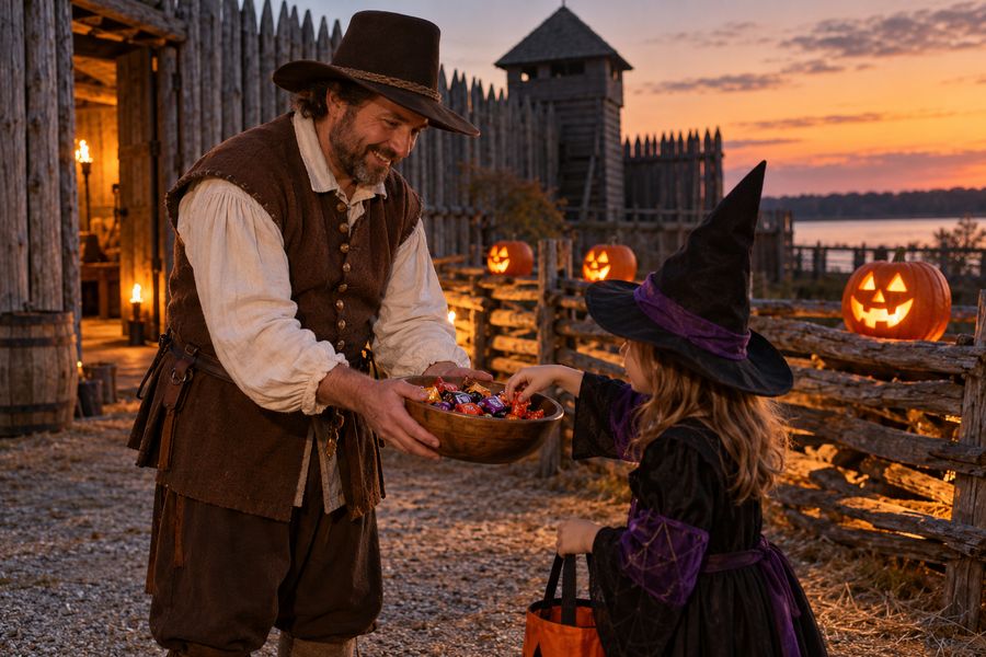 A colonial reenactor handing Halloween candy to a child dressed as a witch.