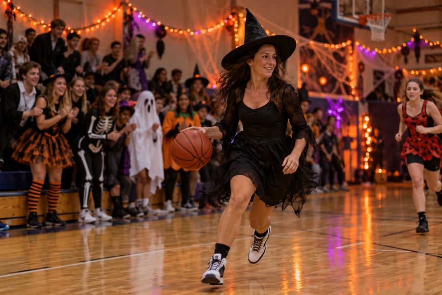 A woman dressed as a witch dribbling a basketball down a decorated court.