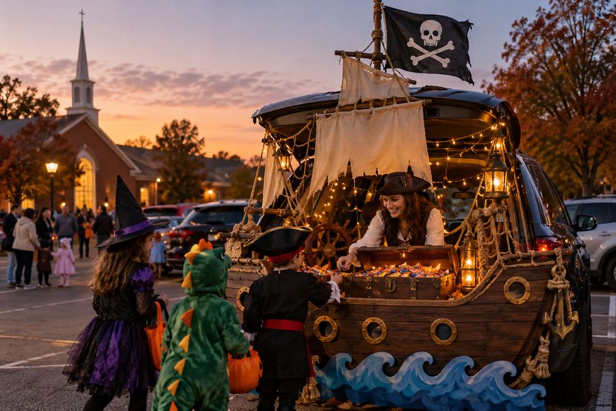 A car trunk decorated as a pirate ship for a trunk-or-treat.