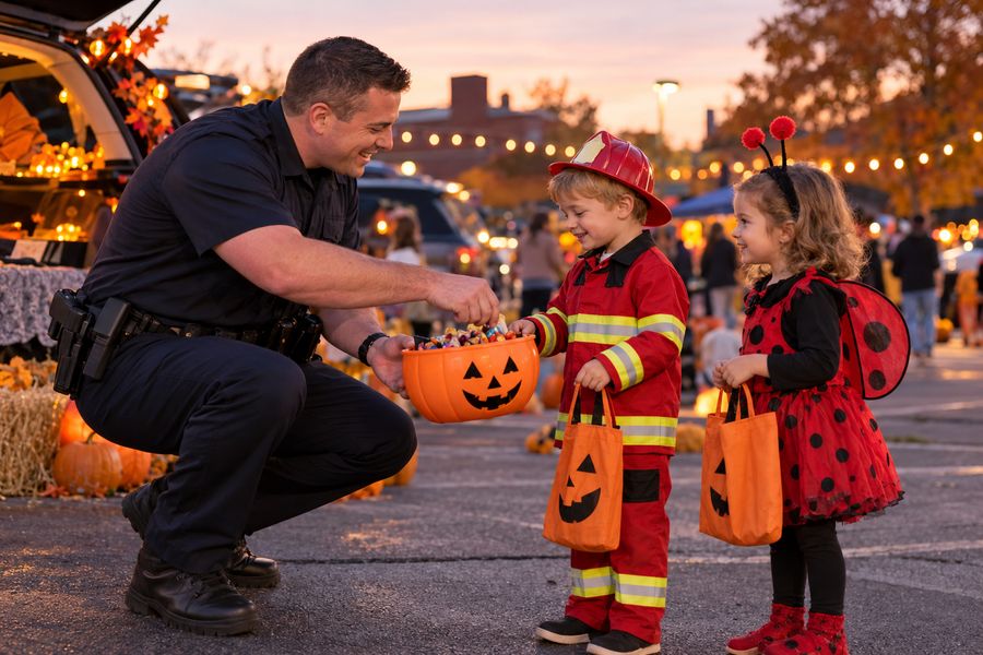 A police officer handing candy to two small trick-or-treaters.