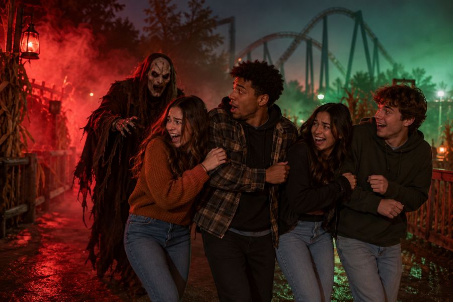 A scare actor lurking behind a group of nervous friends on a foggy night.
