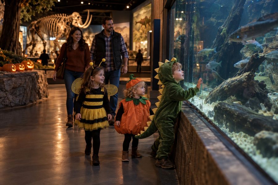 Children in Halloween costumes walking through a museum gallery past a large aquarium.