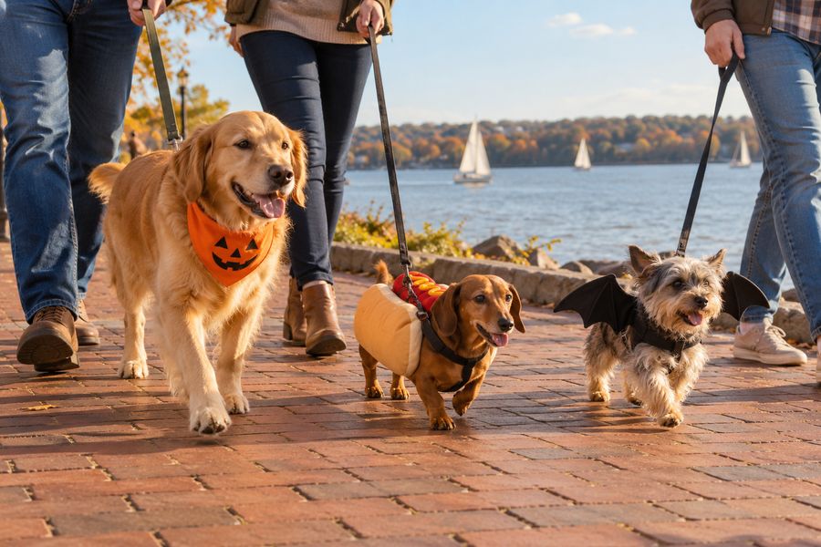 Dogs in Halloween costumes walking along a riverfront promenade.