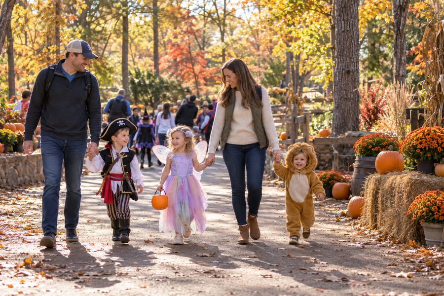 Families with young kids in costumes walking a wooded path lined with pumpkins and hay bales.