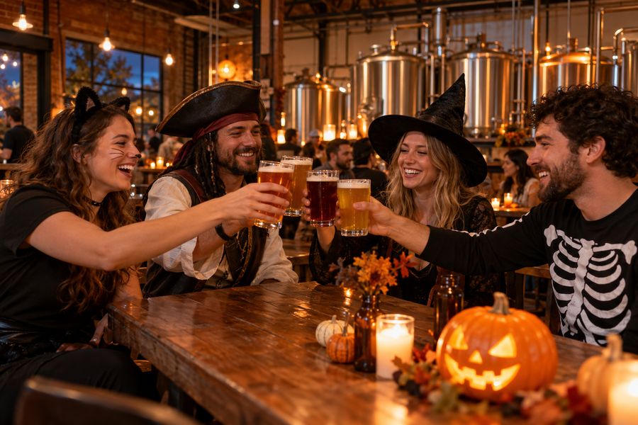 Friends in costumes raising pints in a brewery taproom.