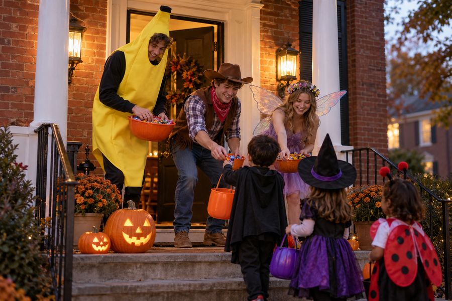 College students in costumes handing out candy on a porch.