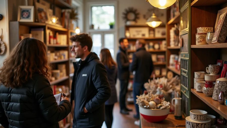 Shoppers browsing handmade gifts in a warmly lit shop.