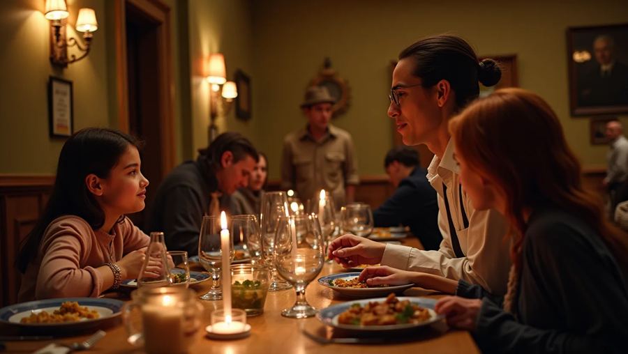 A candlelit colonial dining room decorated with holiday greenery.
