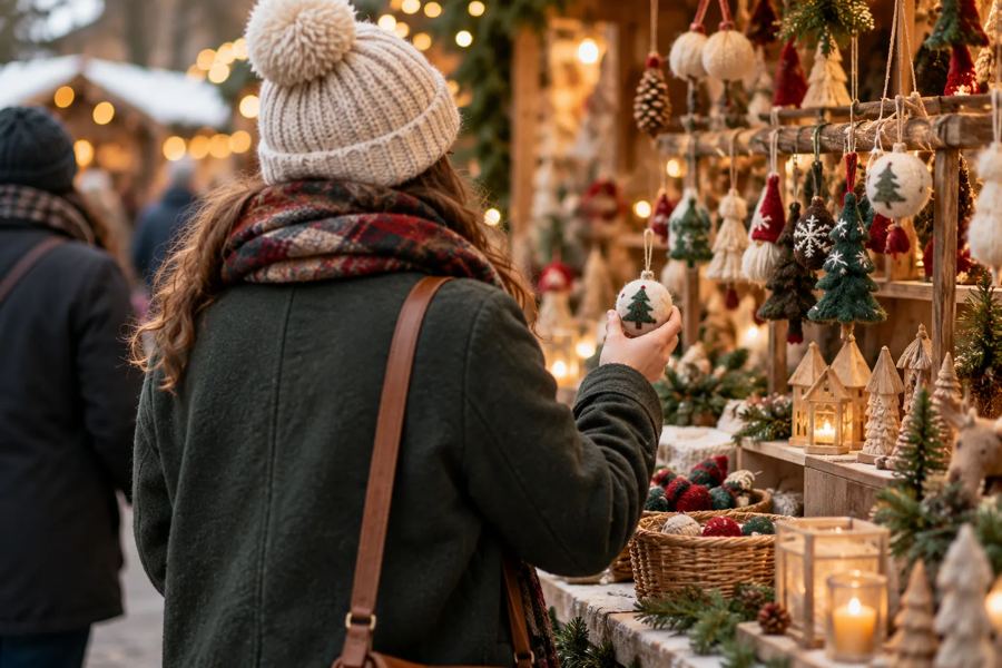 An outdoor holiday market with craft stalls and string lights.