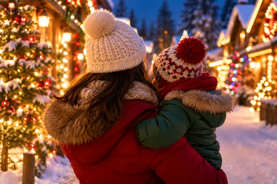 Families walking a path lined with glowing holiday lights at night.