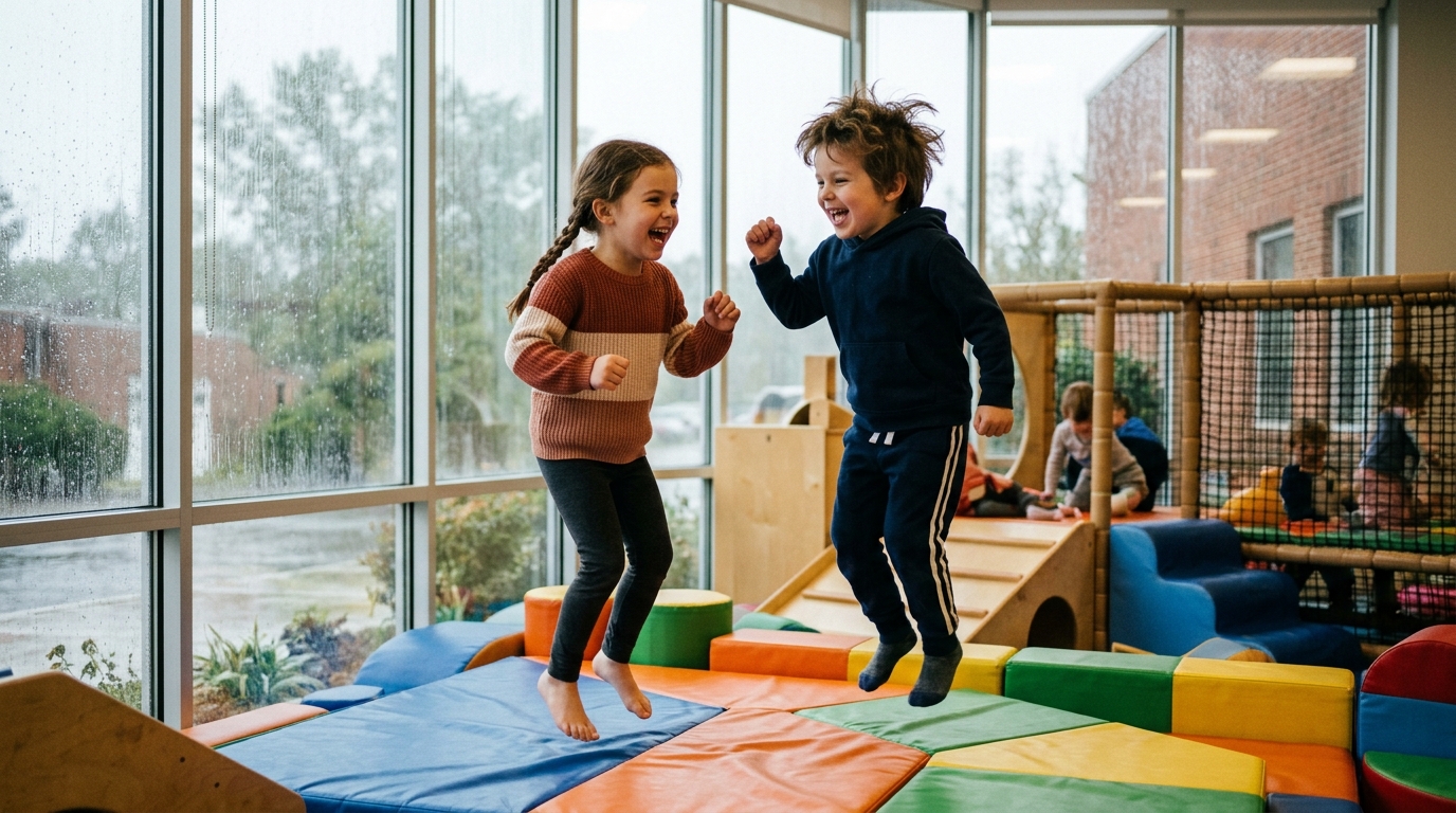 Two children jumping and laughing at an indoor play space with rain on the windows.