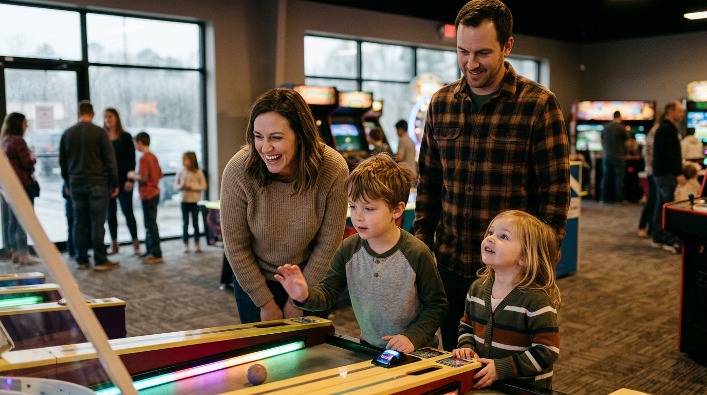 A family enjoying an indoor family entertainment center on a rainy day.