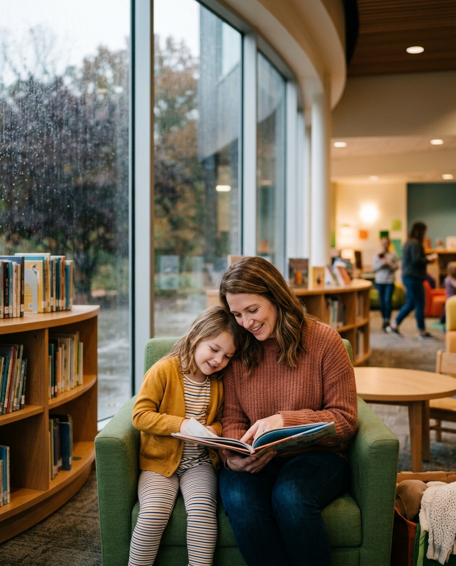 A parent and child reading together in a bright library on a rainy day.