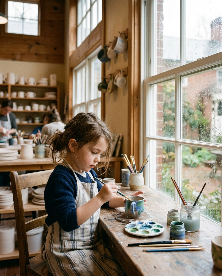 A child painting pottery at a craft studio table on a rainy afternoon.