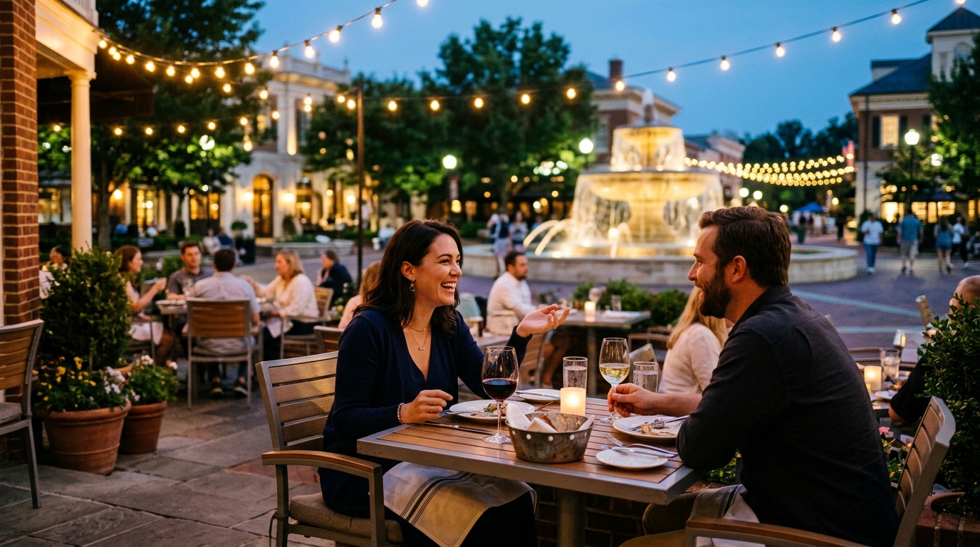 A warmly lit outdoor restaurant patio beside an illuminated fountain plaza at dusk.
