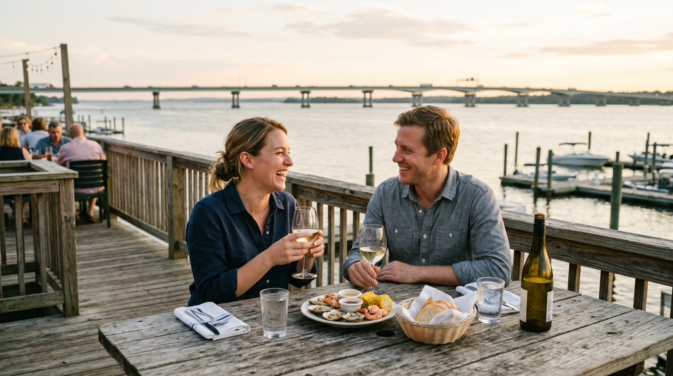 A couple sharing a waterfront seafood dinner at sunset over the James River.