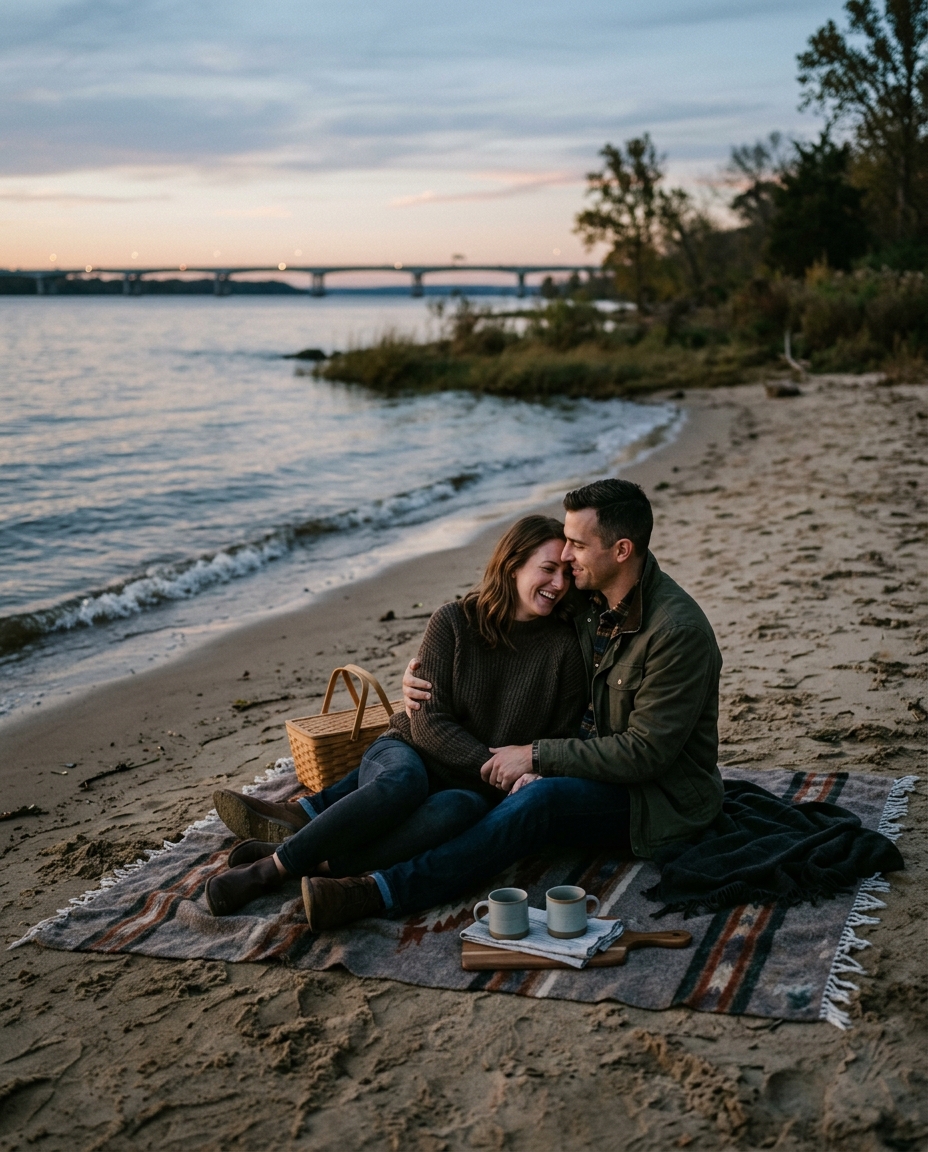 A couple on a picnic blanket at a quiet riverside beach at dusk with a distant bridge.