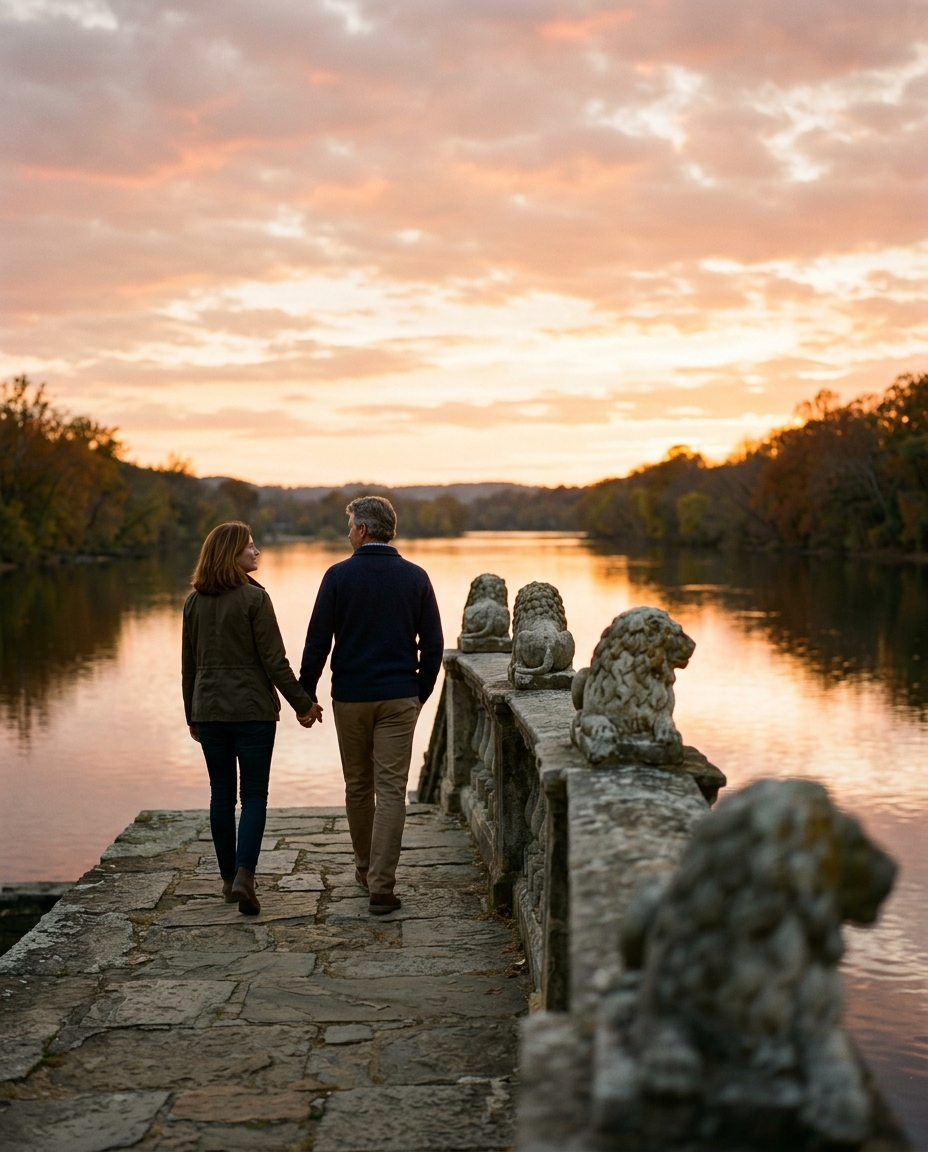 A couple walking a historic stone riverside bridge with lion statues at sunset.